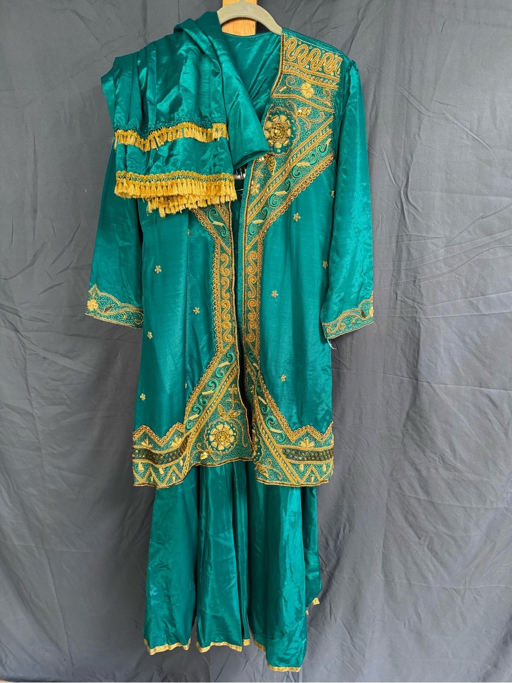 Teal Long-Sleeve Embroidered Women's Dress with Gold Trim